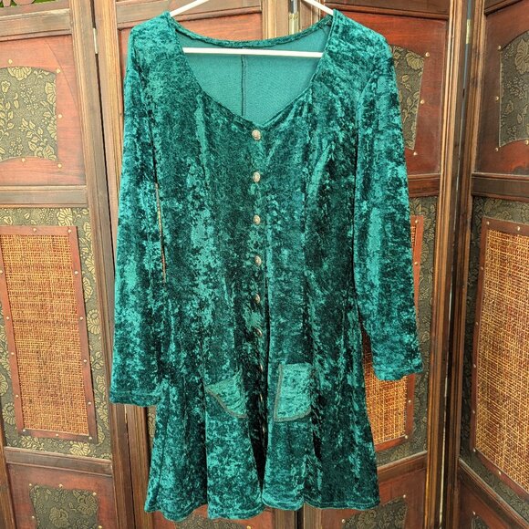 Vintage Emerald Green Crushed Velvet Skater Babydoll Fit Flare Dress Whimsigoth - Picture 2 of 13